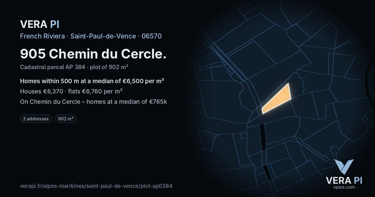 905 Chemin du Cercle, Saint-Paul-de-Vence at night – the plot lit, the parcels around coloured by the prices near them