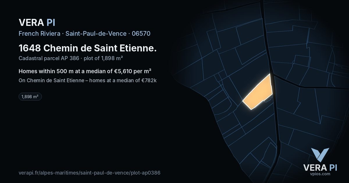 1648 Chemin de Saint Etienne, Saint-Paul-de-Vence at night – the plot lit, the parcels around coloured by the prices near them