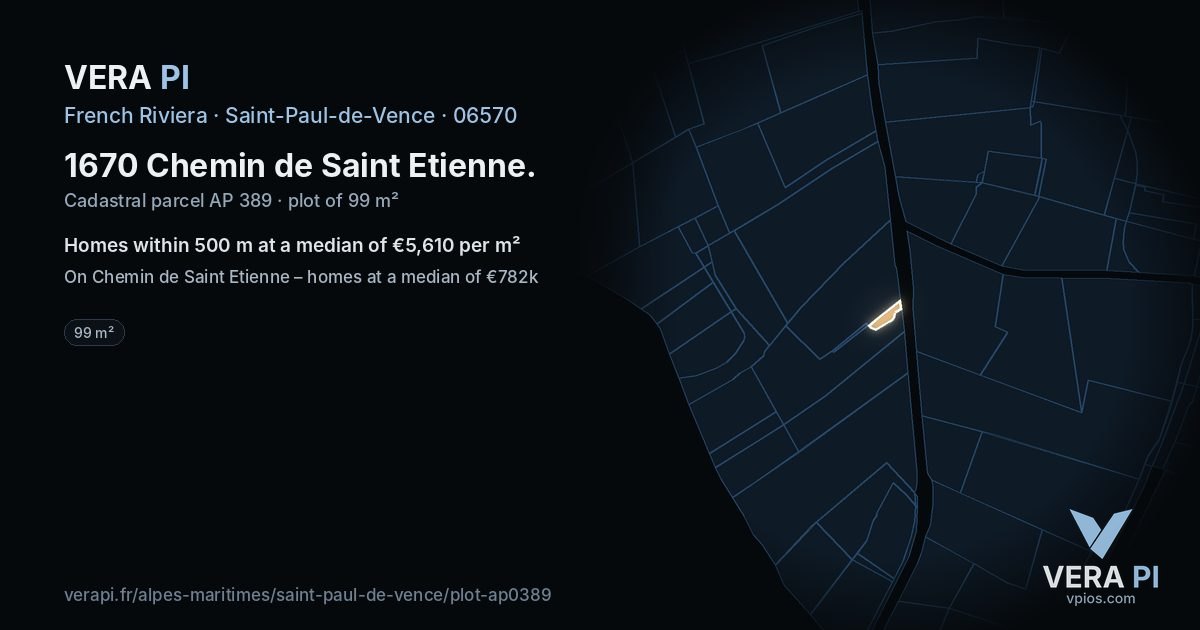 1670 Chemin de Saint Etienne, Saint-Paul-de-Vence at night – the plot lit, the parcels around coloured by the prices near them