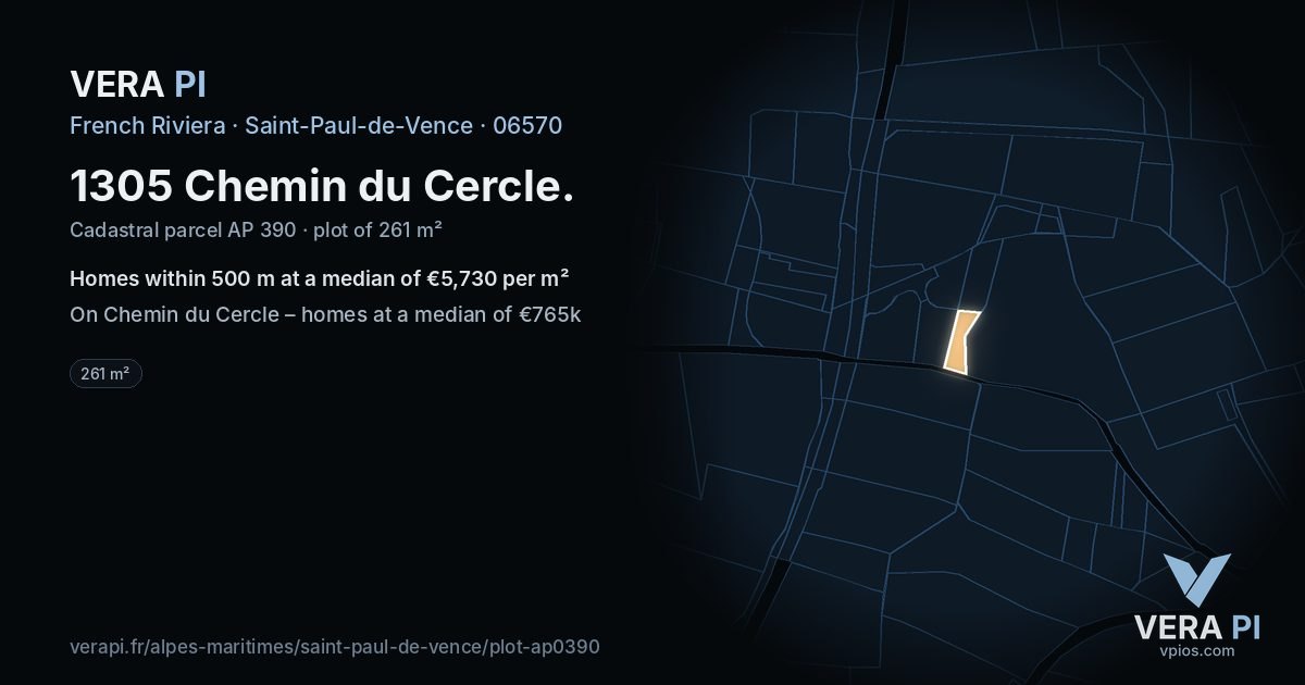1305 Chemin du Cercle, Saint-Paul-de-Vence at night – the plot lit, the parcels around coloured by the prices near them