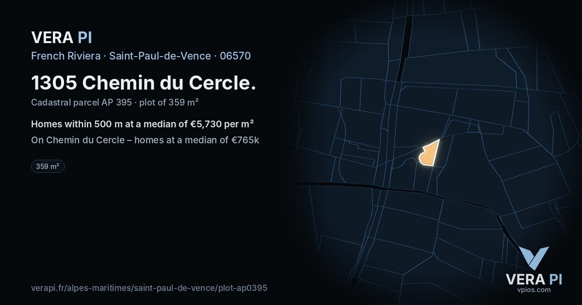 1305 Chemin du Cercle, Saint-Paul-de-Vence at night – the plot lit, the parcels around coloured by the prices near them