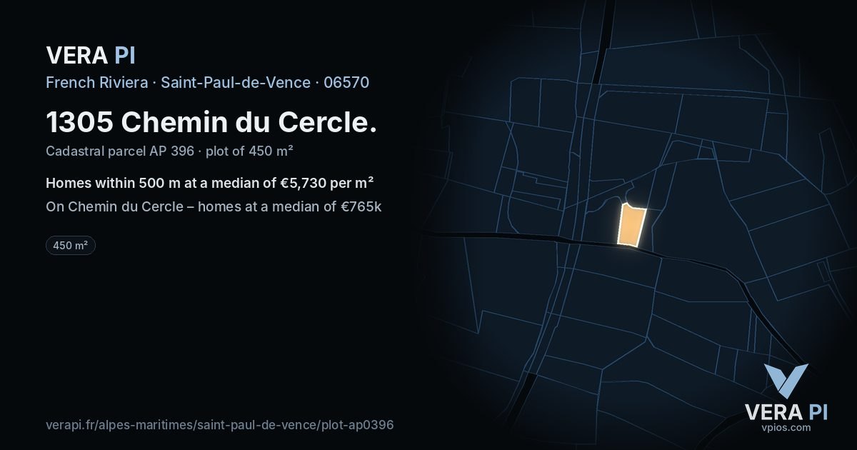 1305 Chemin du Cercle, Saint-Paul-de-Vence at night – the plot lit, the parcels around coloured by the prices near them
