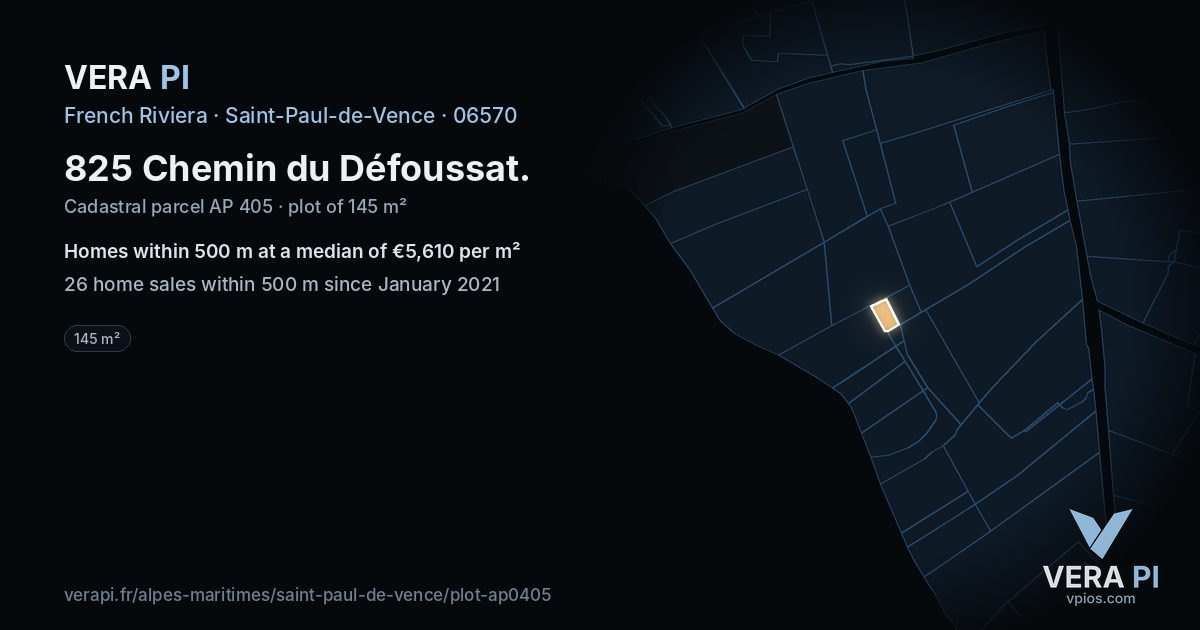 825 Chemin du Défoussat, Saint-Paul-de-Vence at night – the plot lit, the parcels around coloured by the prices near them