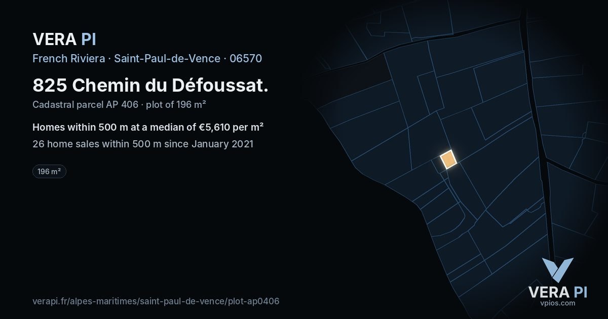 825 Chemin du Défoussat, Saint-Paul-de-Vence at night – the plot lit, the parcels around coloured by the prices near them