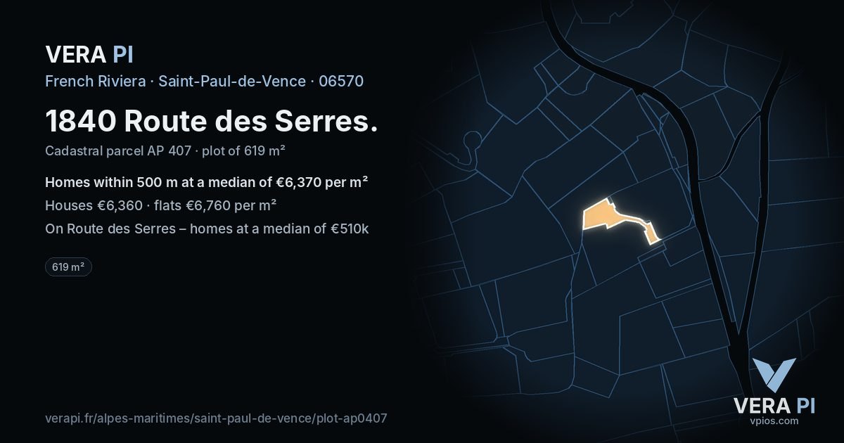 1840 Route des Serres, Saint-Paul-de-Vence at night – the plot lit, the parcels around coloured by the prices near them