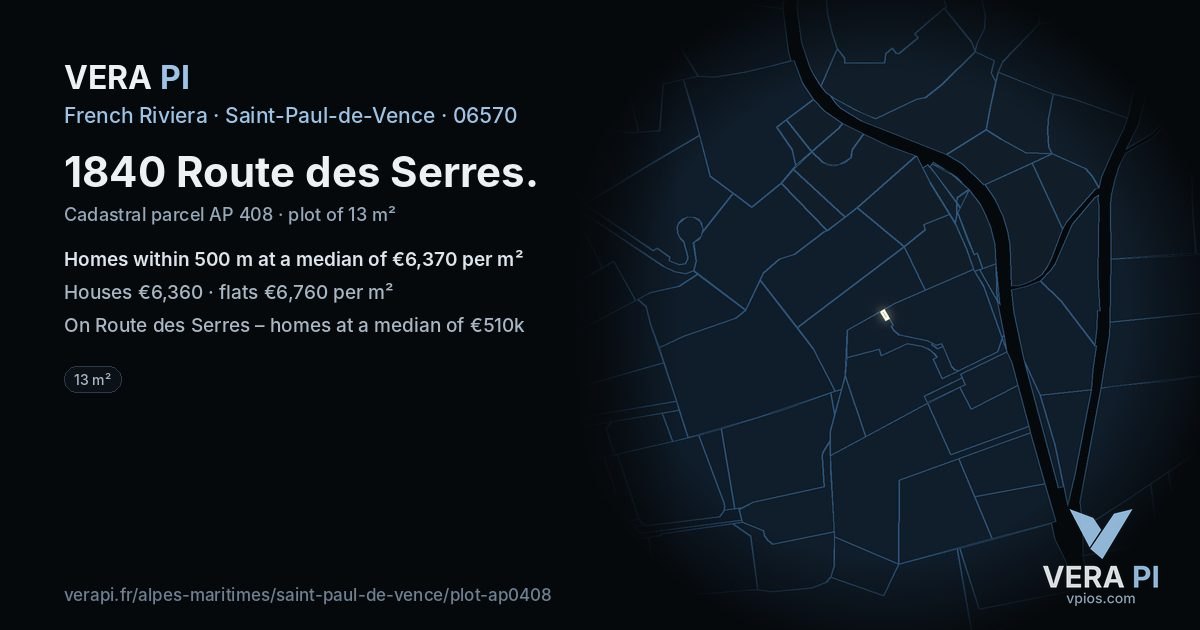 1840 Route des Serres, Saint-Paul-de-Vence at night – the plot lit, the parcels around coloured by the prices near them