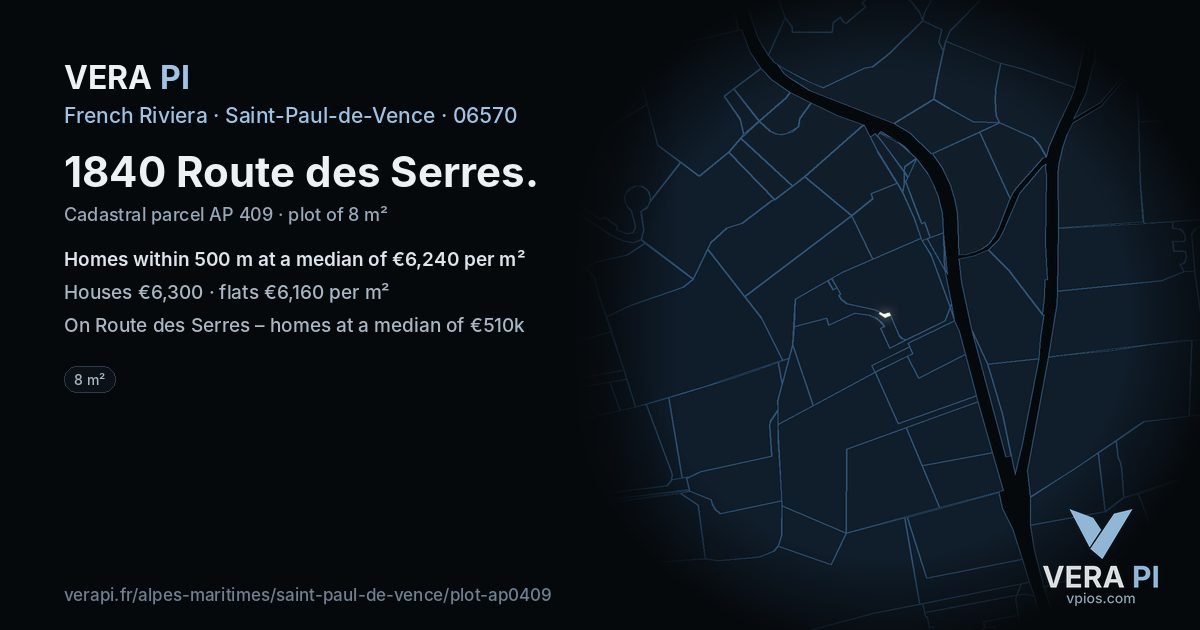 1840 Route des Serres, Saint-Paul-de-Vence at night – the plot lit, the parcels around coloured by the prices near them