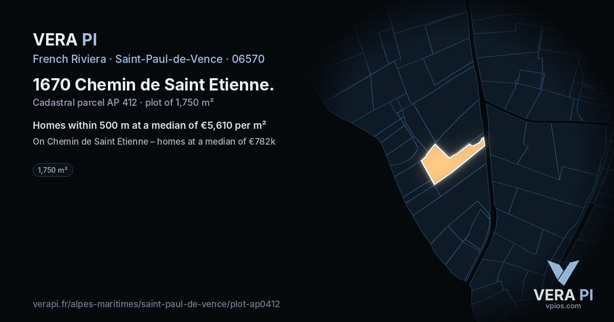 1670 Chemin de Saint Etienne, Saint-Paul-de-Vence at night – the plot lit, the parcels around coloured by the prices near them