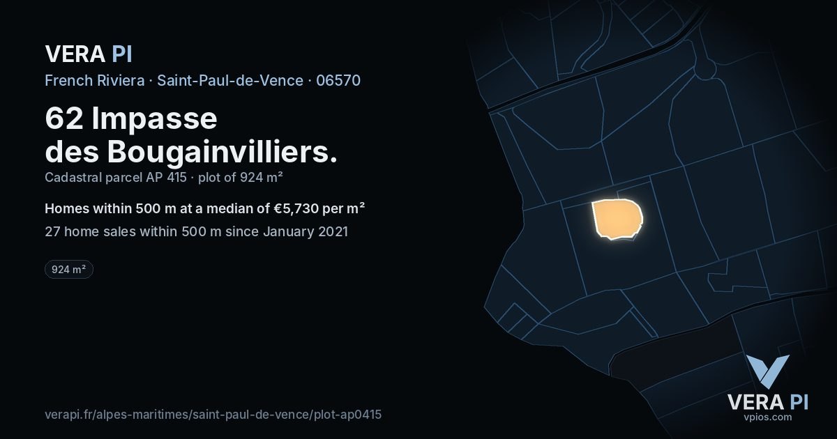 62 Impasse des Bougainvilliers, Saint-Paul-de-Vence at night – the plot lit, the parcels around coloured by the prices near them