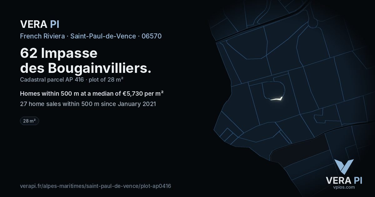 62 Impasse des Bougainvilliers, Saint-Paul-de-Vence at night – the plot lit, the parcels around coloured by the prices near them