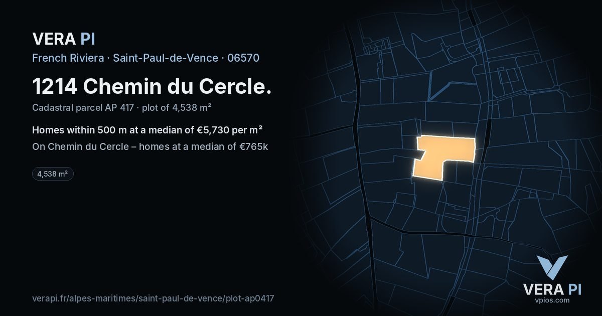 1214 Chemin du Cercle, Saint-Paul-de-Vence at night – the plot lit, the parcels around coloured by the prices near them
