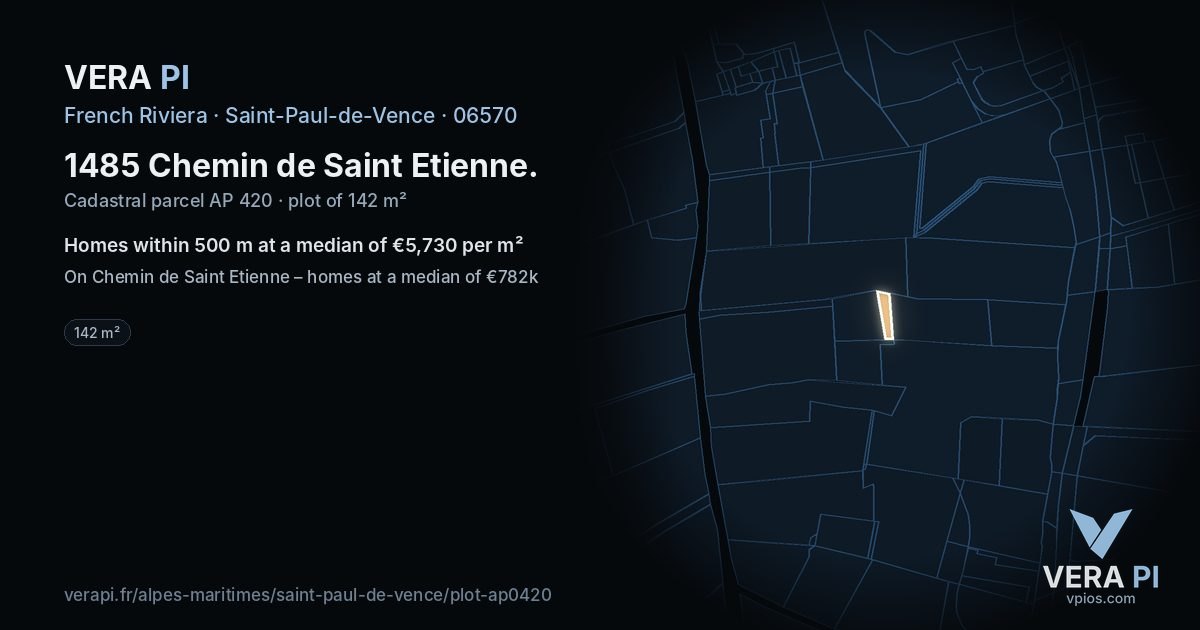 1485 Chemin de Saint Etienne, Saint-Paul-de-Vence at night – the plot lit, the parcels around coloured by the prices near them