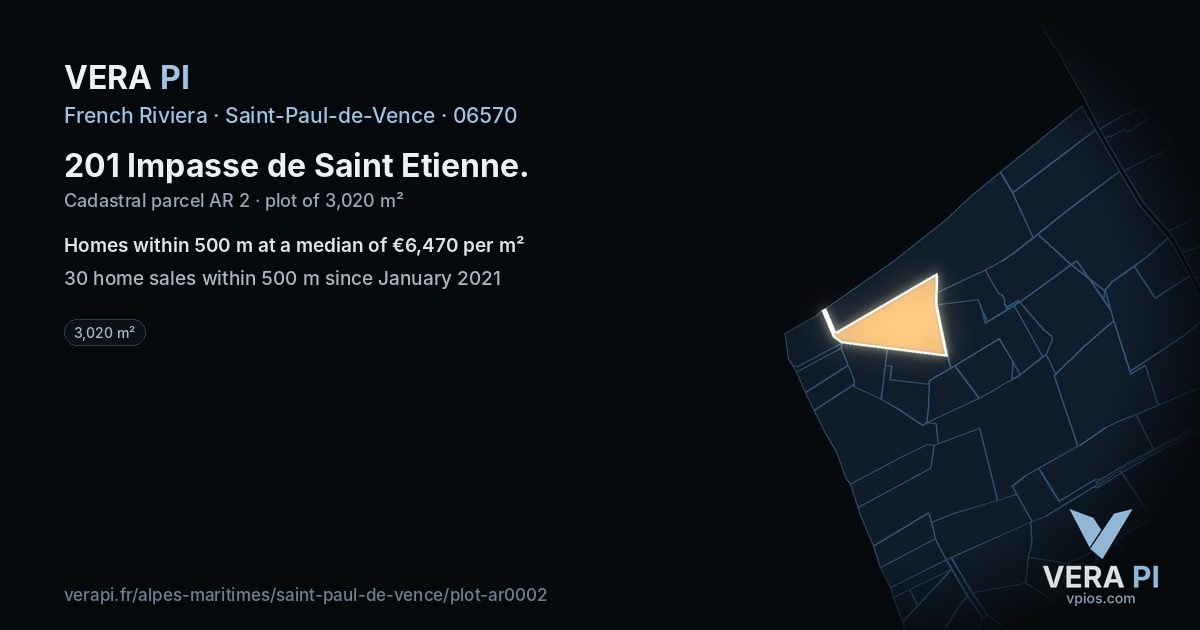 201 Impasse de Saint Etienne, Saint-Paul-de-Vence at night – the plot lit, the parcels around coloured by the prices near them