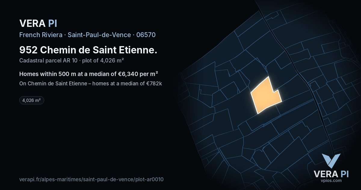 952 Chemin de Saint Etienne, Saint-Paul-de-Vence at night – the plot lit, the parcels around coloured by the prices near them
