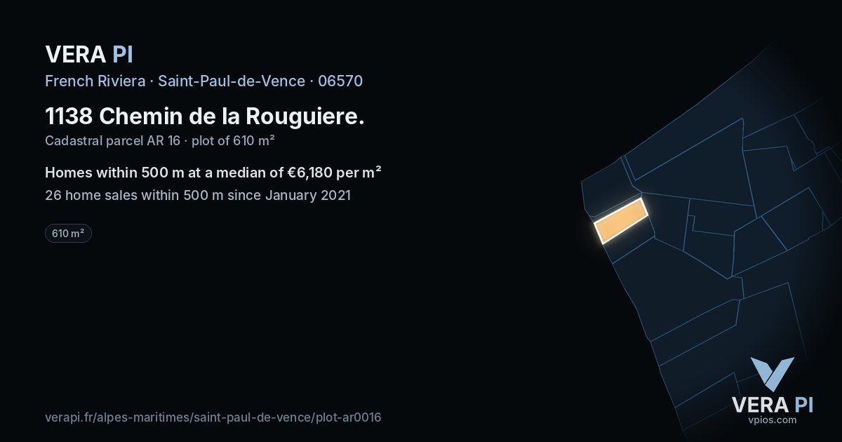 1138 Chemin de la Rouguiere, Saint-Paul-de-Vence at night – the plot lit, the parcels around coloured by the prices near them