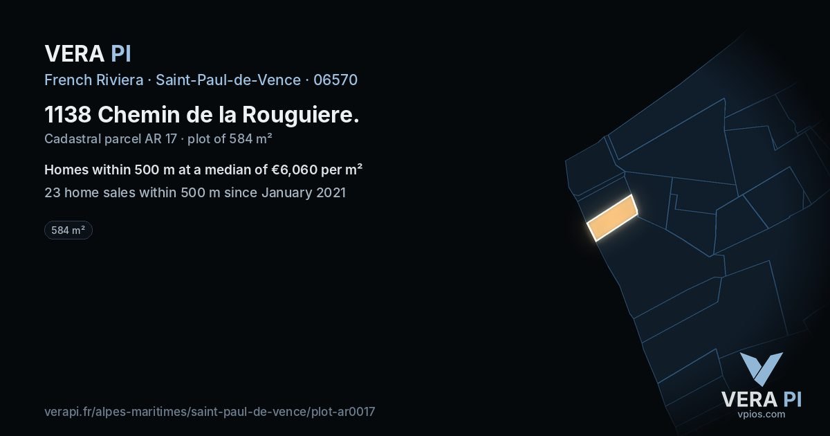 1138 Chemin de la Rouguiere, Saint-Paul-de-Vence at night – the plot lit, the parcels around coloured by the prices near them