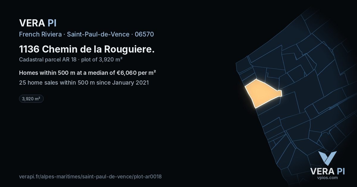 1136 Chemin de la Rouguiere, Saint-Paul-de-Vence at night – the plot lit, the parcels around coloured by the prices near them