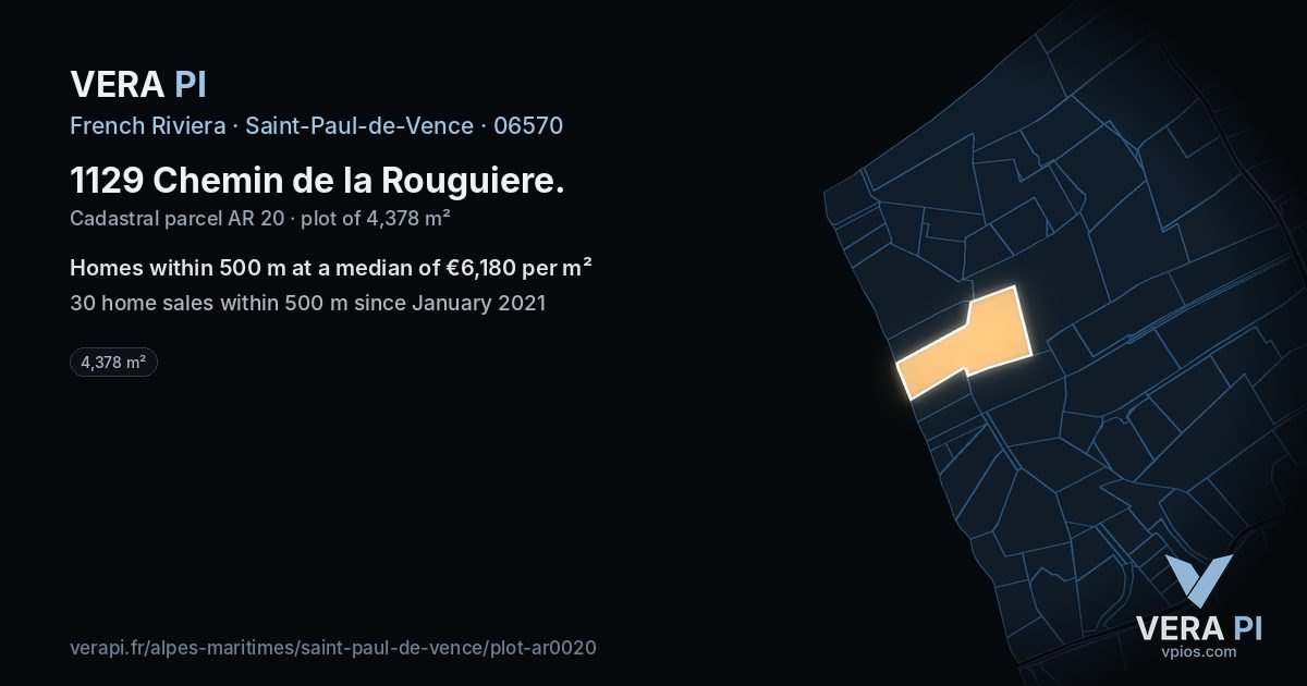 1129 Chemin de la Rouguiere, Saint-Paul-de-Vence at night – the plot lit, the parcels around coloured by the prices near them