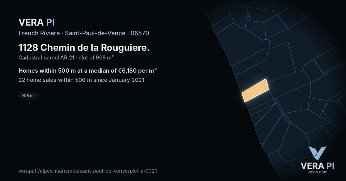 1128 Chemin de la Rouguiere, Saint-Paul-de-Vence at night – the plot lit, the parcels around coloured by the prices near them