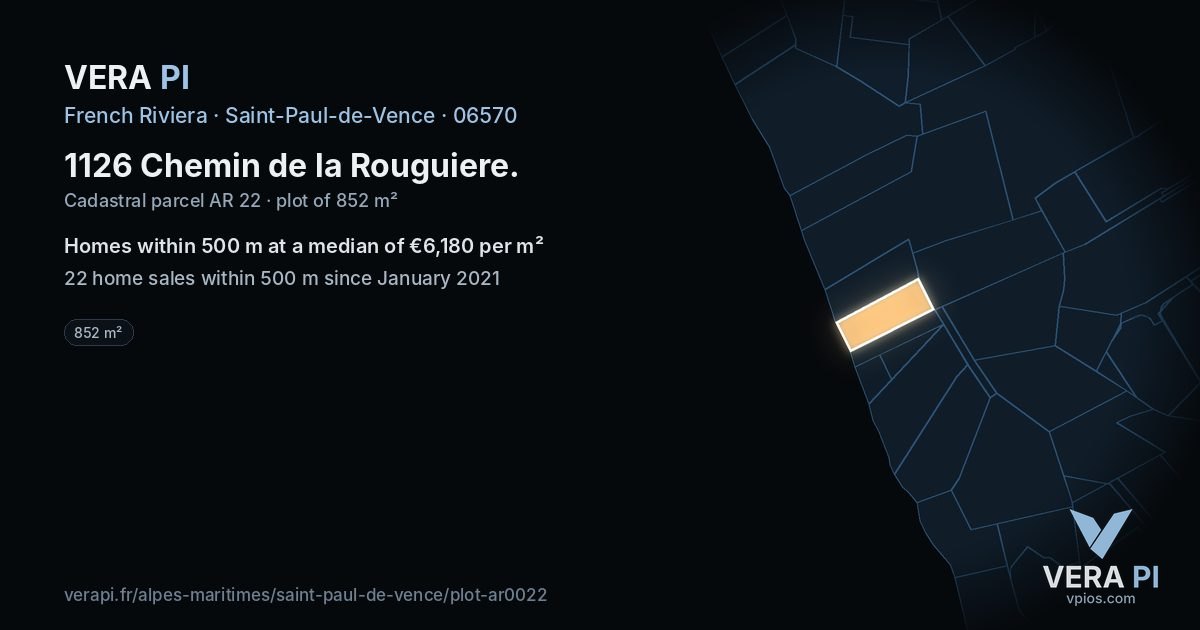 1126 Chemin de la Rouguiere, Saint-Paul-de-Vence at night – the plot lit, the parcels around coloured by the prices near them