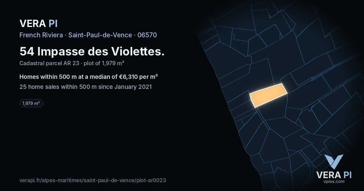 54 Impasse des Violettes, Saint-Paul-de-Vence at night – the plot lit, the parcels around coloured by the prices near them