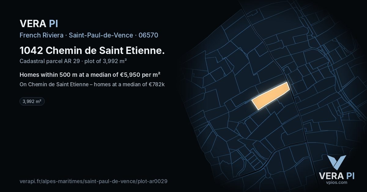 1042 Chemin de Saint Etienne, Saint-Paul-de-Vence at night – the plot lit, the parcels around coloured by the prices near them