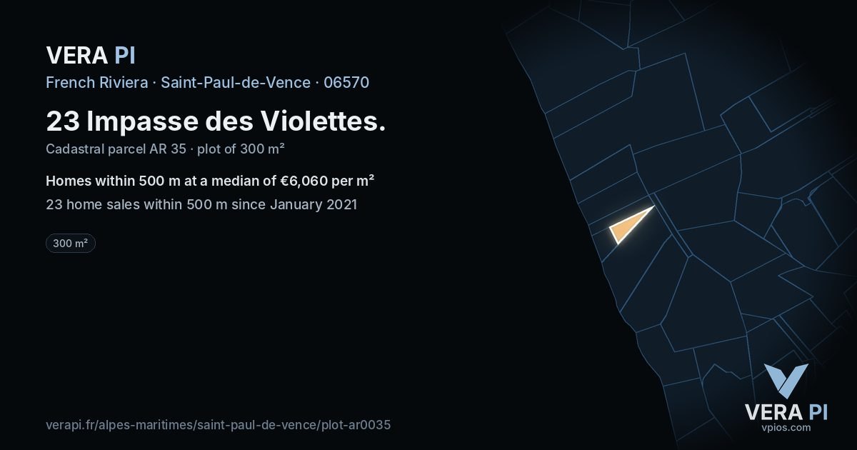 23 Impasse des Violettes, Saint-Paul-de-Vence at night – the plot lit, the parcels around coloured by the prices near them