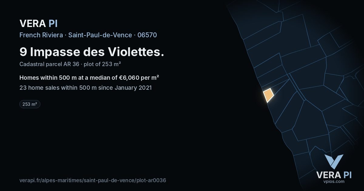 9 Impasse des Violettes, Saint-Paul-de-Vence at night – the plot lit, the parcels around coloured by the prices near them