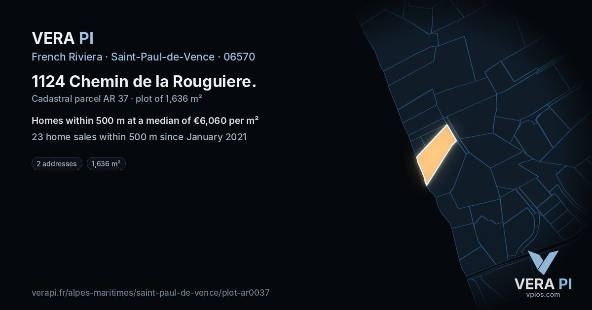 1124 Chemin de la Rouguiere, Saint-Paul-de-Vence at night – the plot lit, the parcels around coloured by the prices near them