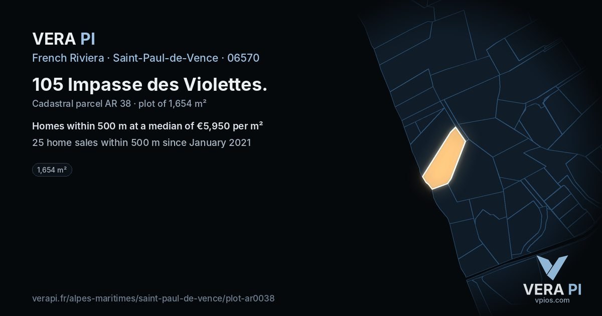 105 Impasse des Violettes, Saint-Paul-de-Vence at night – the plot lit, the parcels around coloured by the prices near them