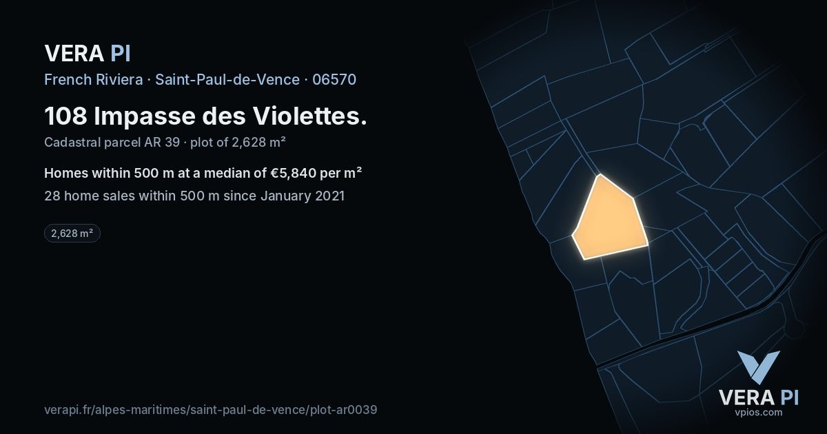 108 Impasse des Violettes, Saint-Paul-de-Vence at night – the plot lit, the parcels around coloured by the prices near them