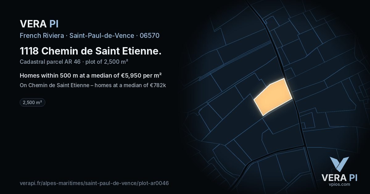 1118 Chemin de Saint Etienne, Saint-Paul-de-Vence at night – the plot lit, the parcels around coloured by the prices near them