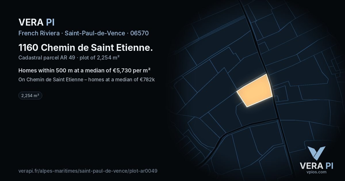 1160 Chemin de Saint Etienne, Saint-Paul-de-Vence at night – the plot lit, the parcels around coloured by the prices near them