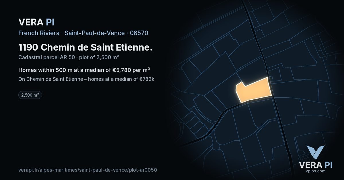 1190 Chemin de Saint Etienne, Saint-Paul-de-Vence at night – the plot lit, the parcels around coloured by the prices near them