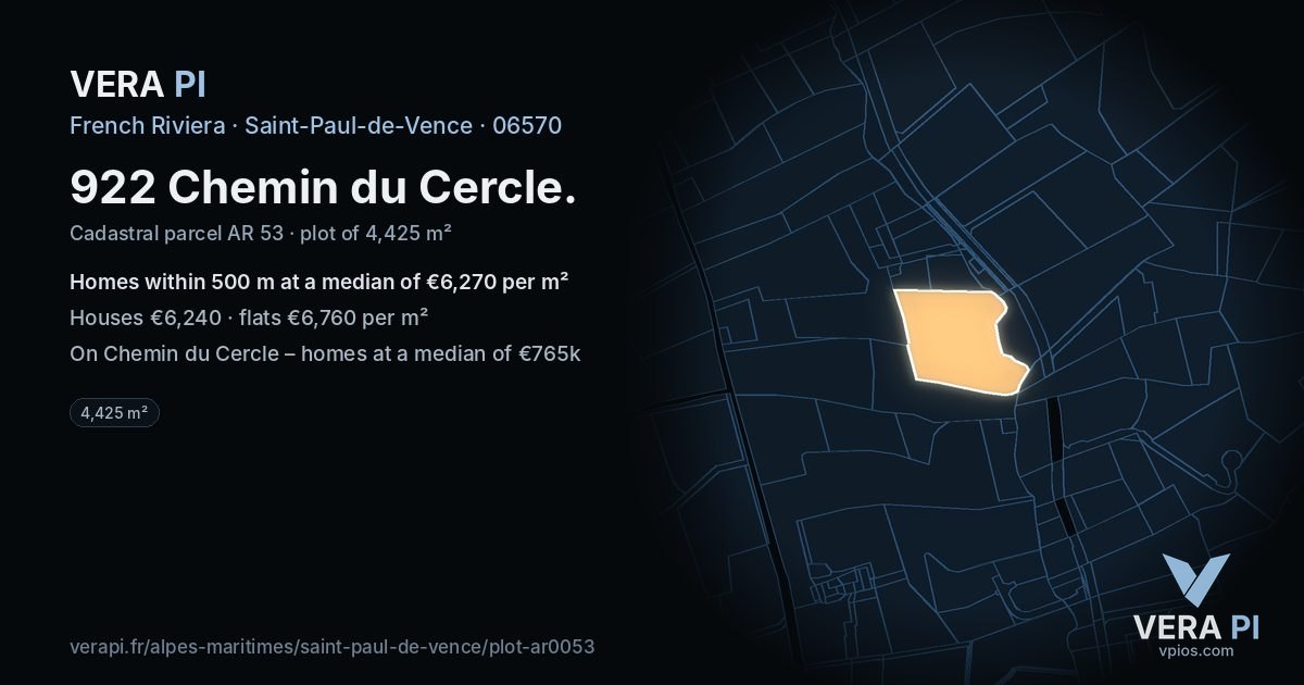 922 Chemin du Cercle, Saint-Paul-de-Vence at night – the plot lit, the parcels around coloured by the prices near them