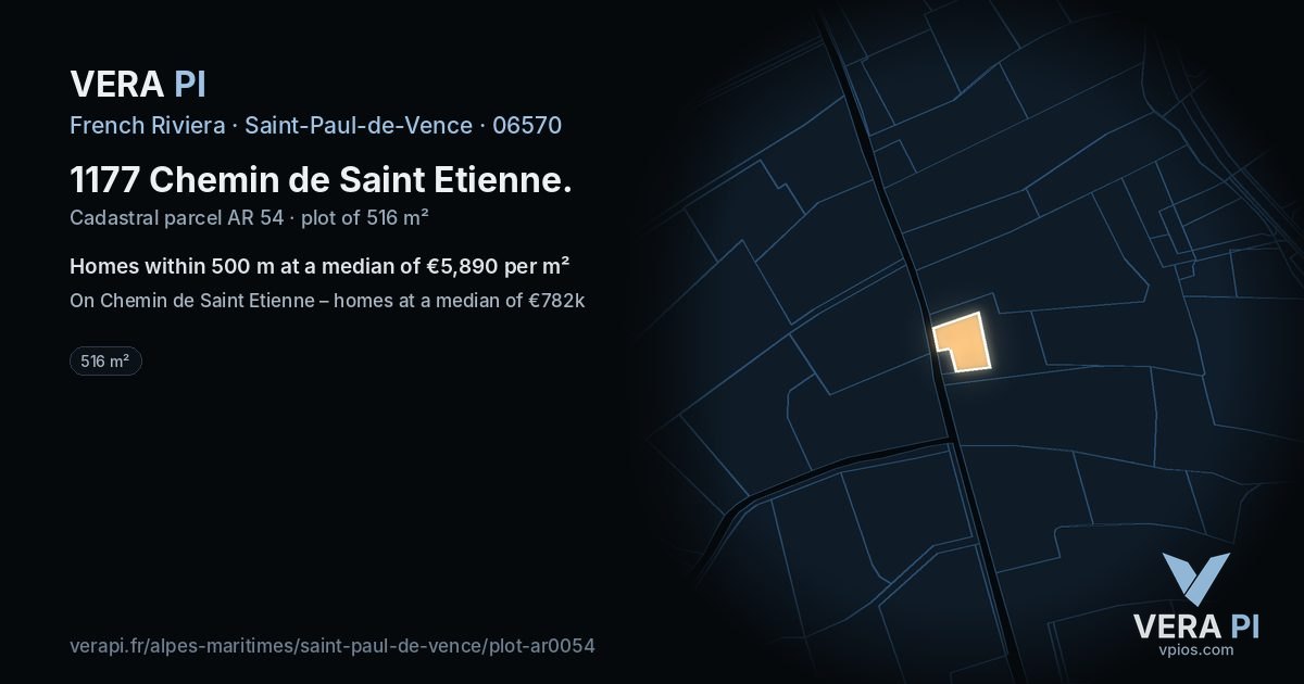 1177 Chemin de Saint Etienne, Saint-Paul-de-Vence at night – the plot lit, the parcels around coloured by the prices near them