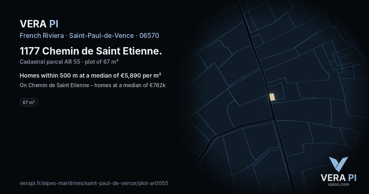 1177 Chemin de Saint Etienne, Saint-Paul-de-Vence at night – the plot lit, the parcels around coloured by the prices near them