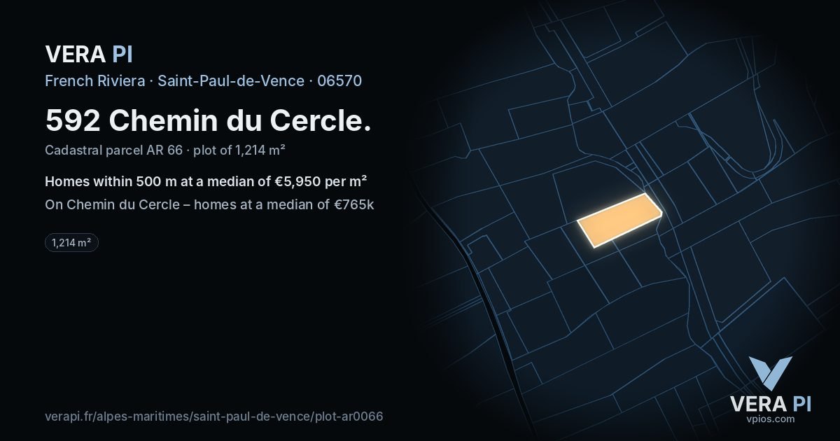592 Chemin du Cercle, Saint-Paul-de-Vence at night – the plot lit, the parcels around coloured by the prices near them