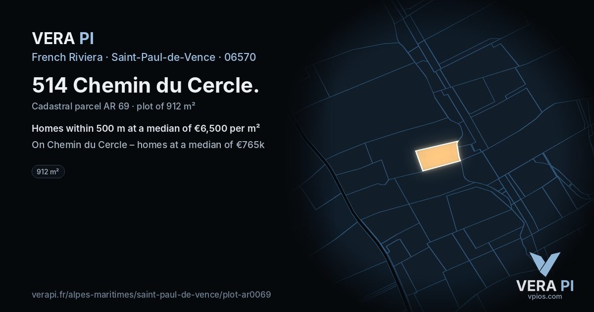 514 Chemin du Cercle, Saint-Paul-de-Vence at night – the plot lit, the parcels around coloured by the prices near them