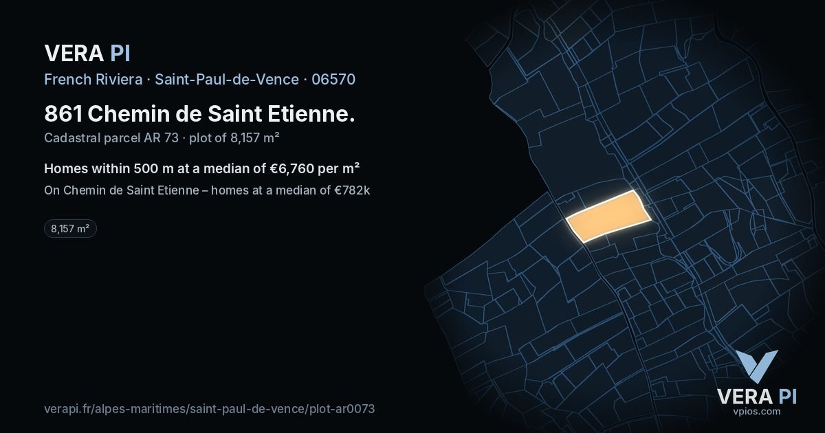 861 Chemin de Saint Etienne, Saint-Paul-de-Vence at night – the plot lit, the parcels around coloured by the prices near them