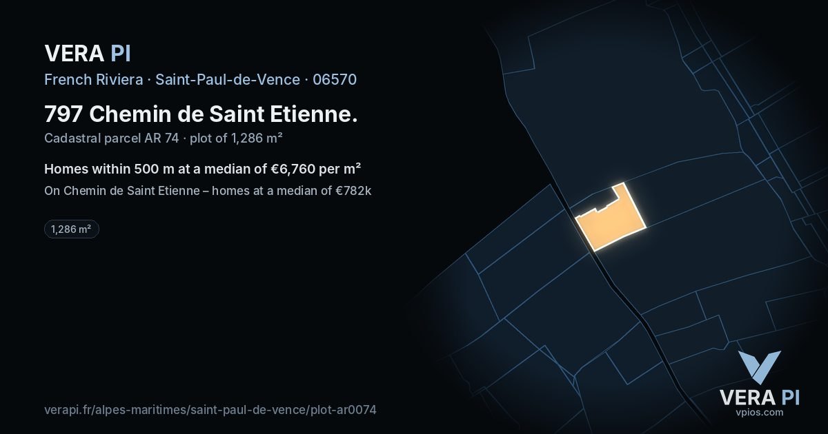797 Chemin de Saint Etienne, Saint-Paul-de-Vence at night – the plot lit, the parcels around coloured by the prices near them