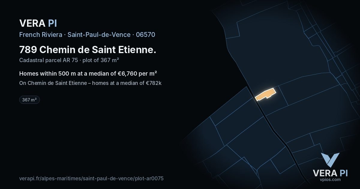 789 Chemin de Saint Etienne, Saint-Paul-de-Vence at night – the plot lit, the parcels around coloured by the prices near them