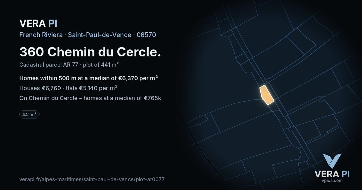 360 Chemin du Cercle, Saint-Paul-de-Vence at night – the plot lit, the parcels around coloured by the prices near them