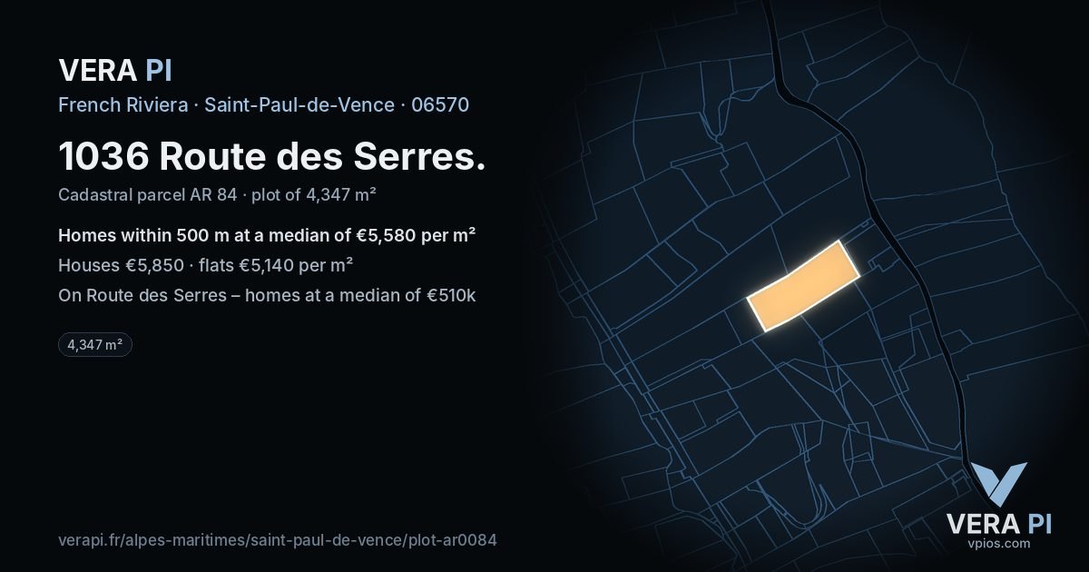 1036 Route des Serres, Saint-Paul-de-Vence at night – the plot lit, the parcels around coloured by the prices near them