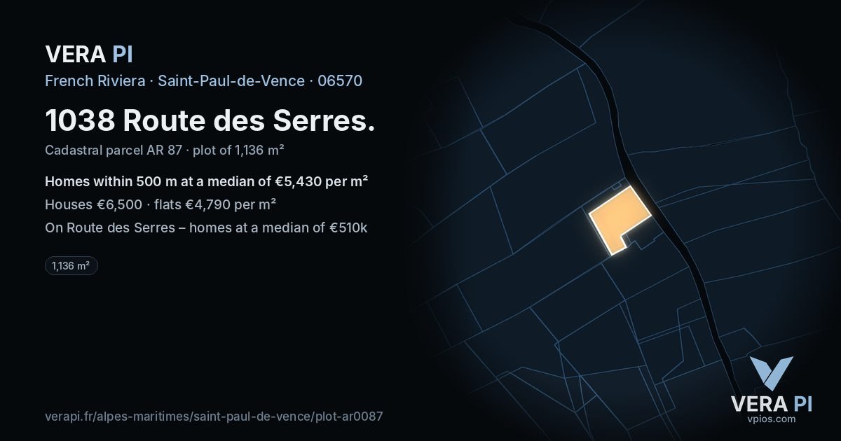 1038 Route des Serres, Saint-Paul-de-Vence at night – the plot lit, the parcels around coloured by the prices near them