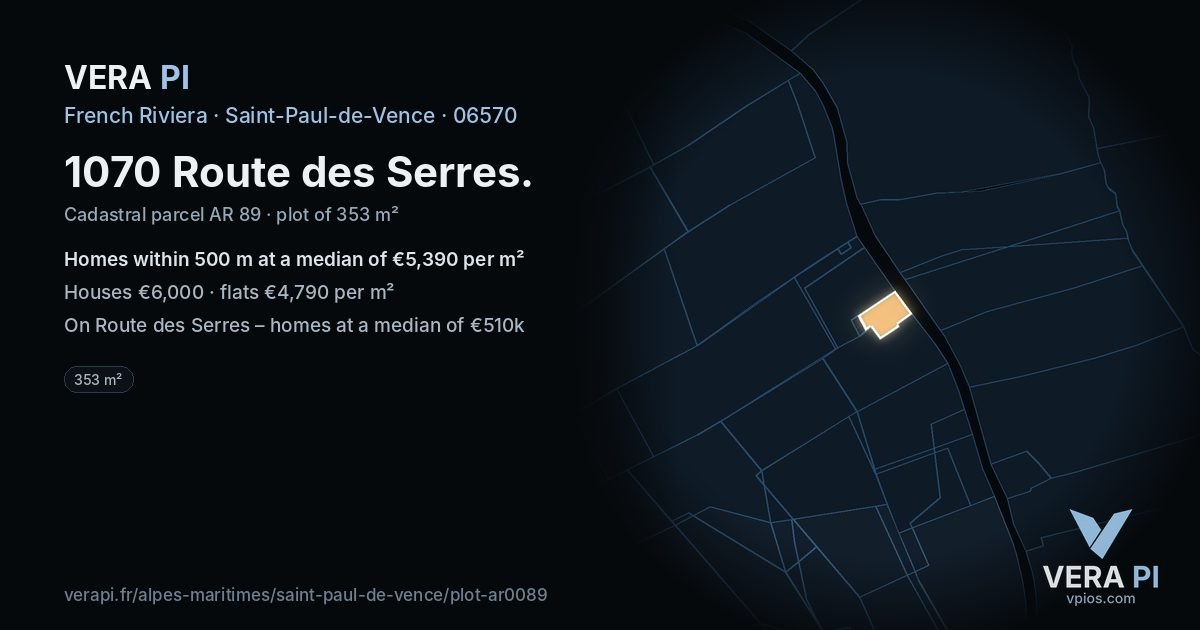 1070 Route des Serres, Saint-Paul-de-Vence at night – the plot lit, the parcels around coloured by the prices near them