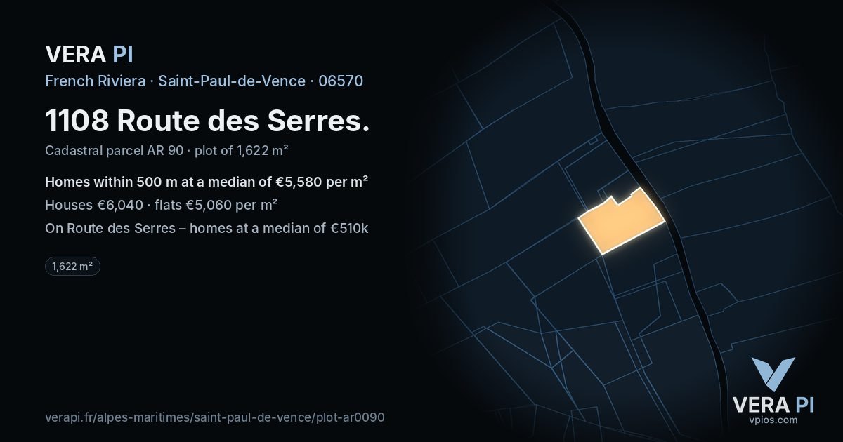 1108 Route des Serres, Saint-Paul-de-Vence at night – the plot lit, the parcels around coloured by the prices near them