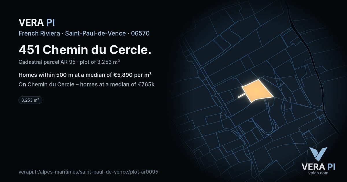 451 Chemin du Cercle, Saint-Paul-de-Vence at night – the plot lit, the parcels around coloured by the prices near them