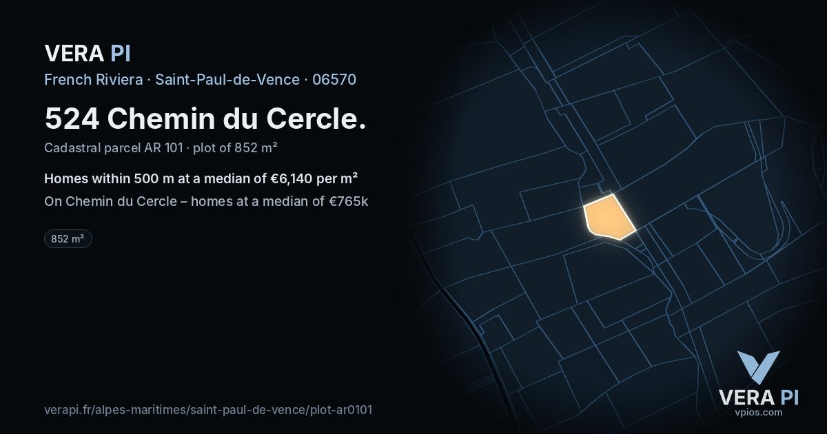 524 Chemin du Cercle, Saint-Paul-de-Vence at night – the plot lit, the parcels around coloured by the prices near them