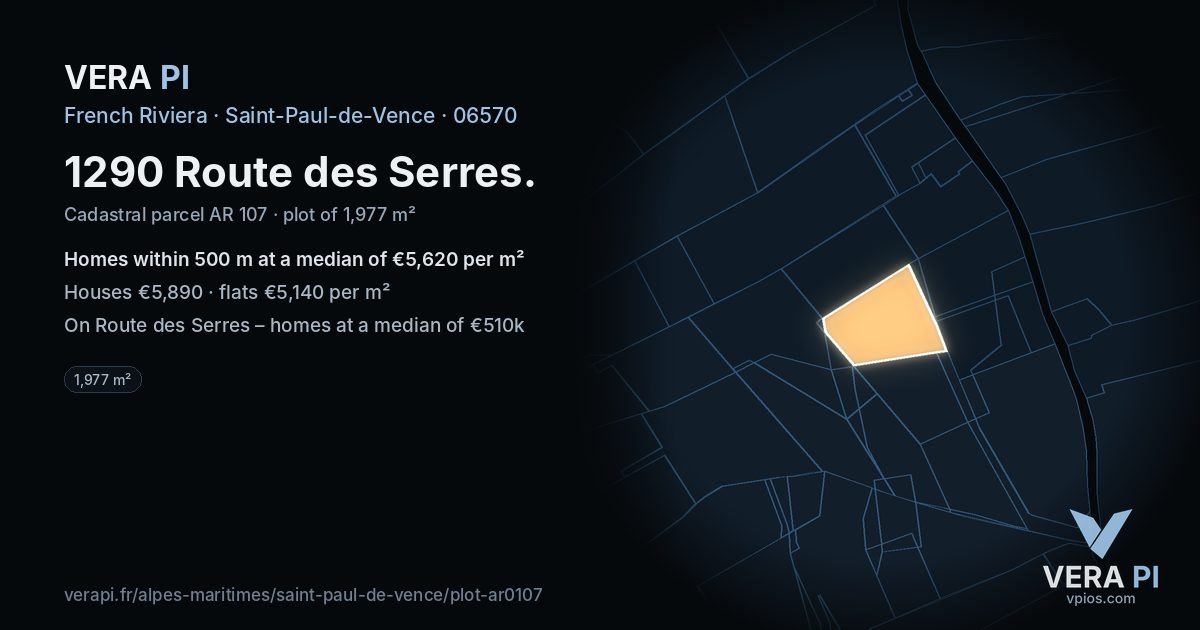 1290 Route des Serres, Saint-Paul-de-Vence at night – the plot lit, the parcels around coloured by the prices near them